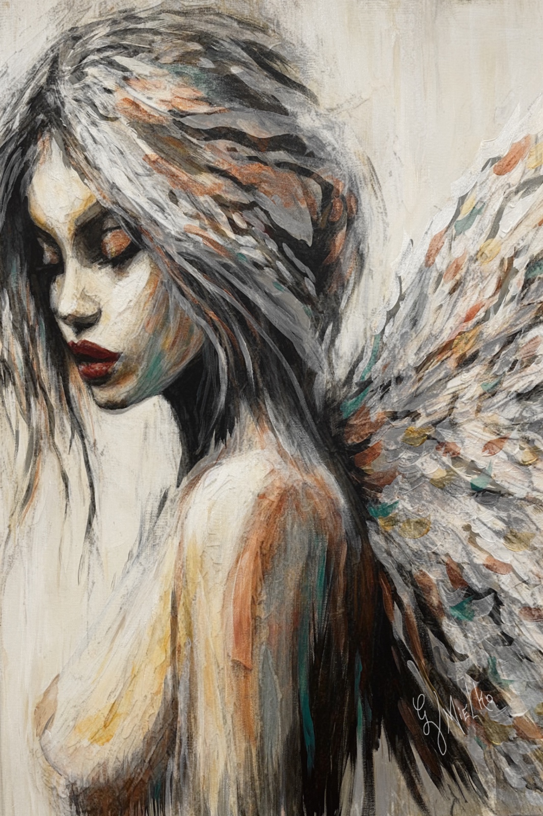 Ethereal painting of a winged female figure in side profile with closed eyes and flowing hair, blending into a muted abstract background. Her multicolored wings—featuring soft browns, grays, whites, and hints of blue and orange—evoke fantasy, serenity, and introspection. Expressive brushstrokes and a subdued color palette create a dreamlike, spiritual atmosphere. Signed “GV Mielko,” this contemporary artwork appeals to collectors of angel art, fairy-inspired paintings, and emotionally resonant figurative pieces.