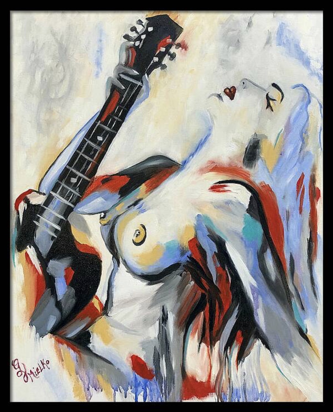 Abstract painting of a nude female figure fused with a guitar, her head tilted back and eyes closed in a moment of musical ecstasy. Expressive brushstrokes in red, blue, black, and white evoke passion and rhythm. The guitar neck extends diagonally, blending seamlessly with her form. Themes of sensuality, sound, and emotional release are central. Signed “GV Mielko.”this contemporary mixed-media artwork appeals to collectors of music-inspired art, sensual abstraction, and expressive figurative pieces. Ideal for curators seeking dynamic, emotionally charged works that explore the intersection of sound, body, and spirit.