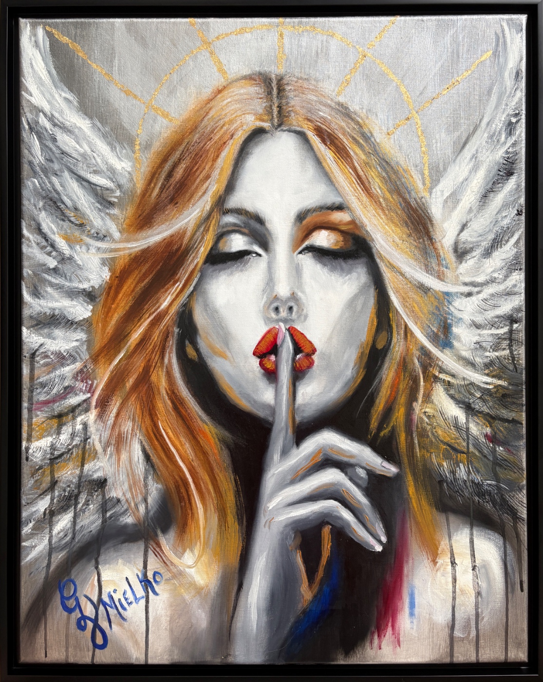 Painting of a woman angel with long blonde hair, white wings, and a golden halo above her head. Her eyes are closed, and she holds a finger to her lips in a gesture of silence. Vivid red lips contrast with grayscale tones, evoking themes of secrecy, divinity, and reverence. Abstract background adds emotional texture. Signed “GV Mielko.” This contemporary figurative artwork appeals to collectors of spiritual portraiture, angel-inspired art, and emotionally charged mixed-media paintings. Ideal for curators seeking poetic, narrative-driven works that explore feminine transcendence, vulnerability, and the quiet strength of stillness.