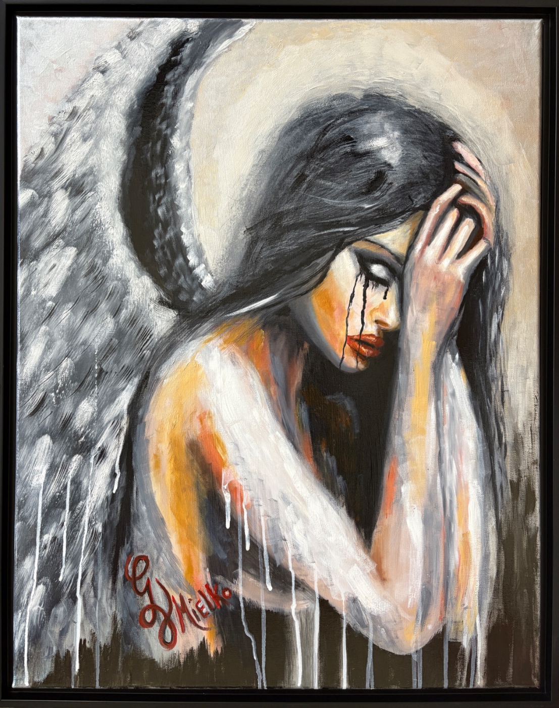 Painting of a sorrowful angel with long black hair, one hand pressed to her forehead and black tears streaming down her face. Large white-gray wings and dripping white paint across her body evoke themes of despair, vulnerability, and spiritual anguish. The textured background contrasts light and dark tones. Signed “GV Mielko.” this contemporary figurative artwork appeals to collectors of angelic symbolism, grief-inspired portraiture, and emotionally evocative mixed-media art. Ideal for curators seeking powerful, narrative-driven works that explore loss, redemption, and divine fragility through expressive visual storytelling.