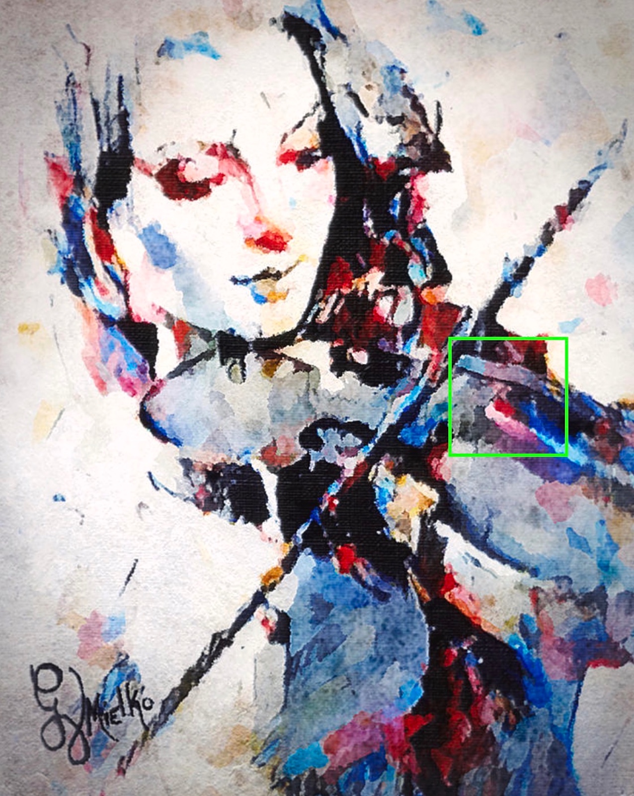 Abstract watercolor portrait featuring a fragmented female face playing a violin rendered in expressive splashes of red, blue, purple, and black. The facial features are loosely defined, evoking themes of impermanence, emotion, and introspection. Dynamic brushstrokes and vibrant color contrasts create a sense of movement and dissolution, reminiscent of fading memories or spiritual release. Signed “GV Mielko,” this contemporary artwork appeals to collectors of abstract expressionism, emotional portraiture, and modern watercolor art.