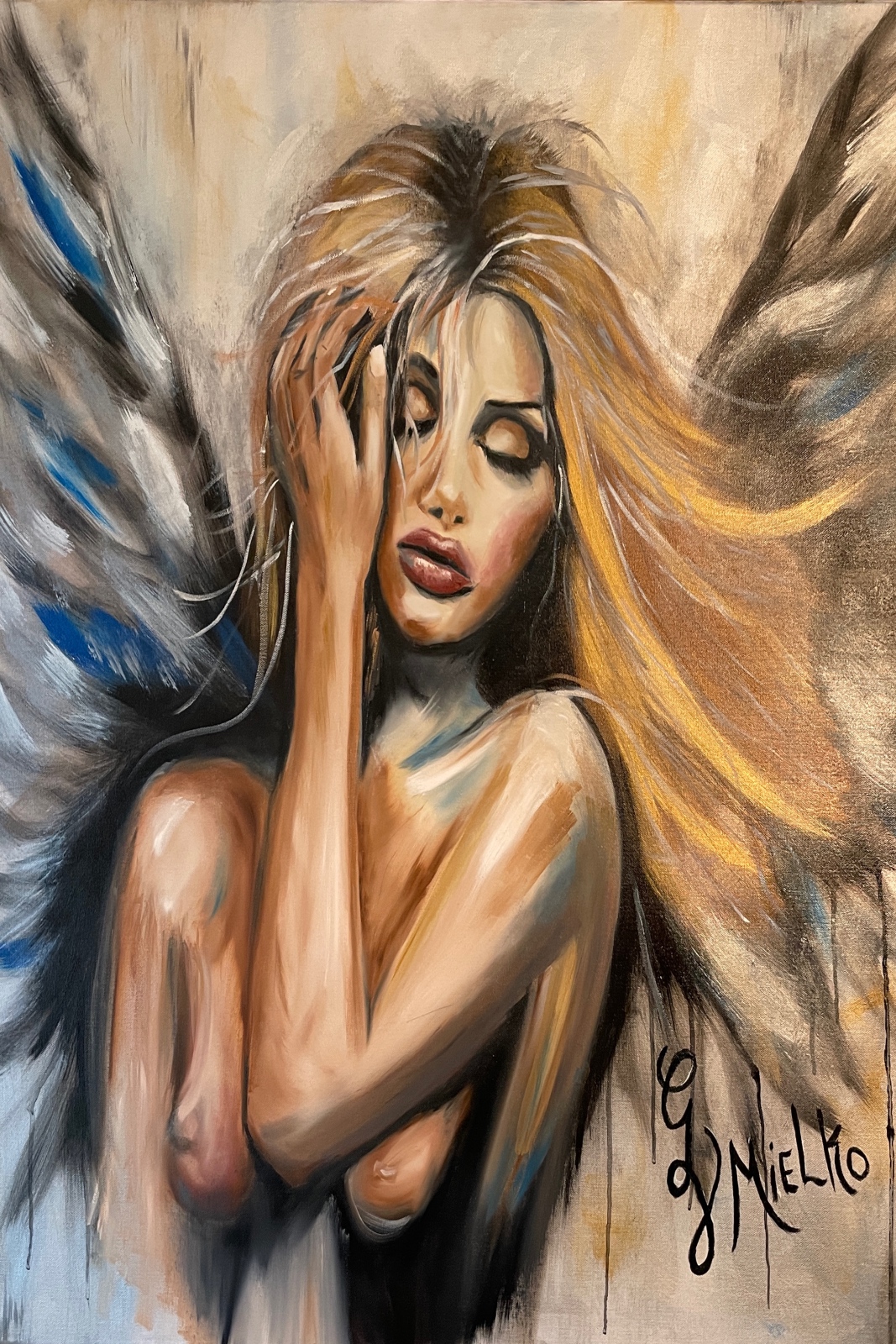Angelic painting of a serene female figure with long blonde hair and large feathered wings in black, white, and blue. The figure’s eyes are closed, one hand gently touching the face, evoking themes of peace, introspection, and spiritual grace. Set against a soft abstract background, this ethereal artwork blends fantasy and realism with expressive brushwork and emotional depth. Ideal for collectors of angel art, spiritual paintings, and contemporary figurative works. Signed “GV Mielko.”