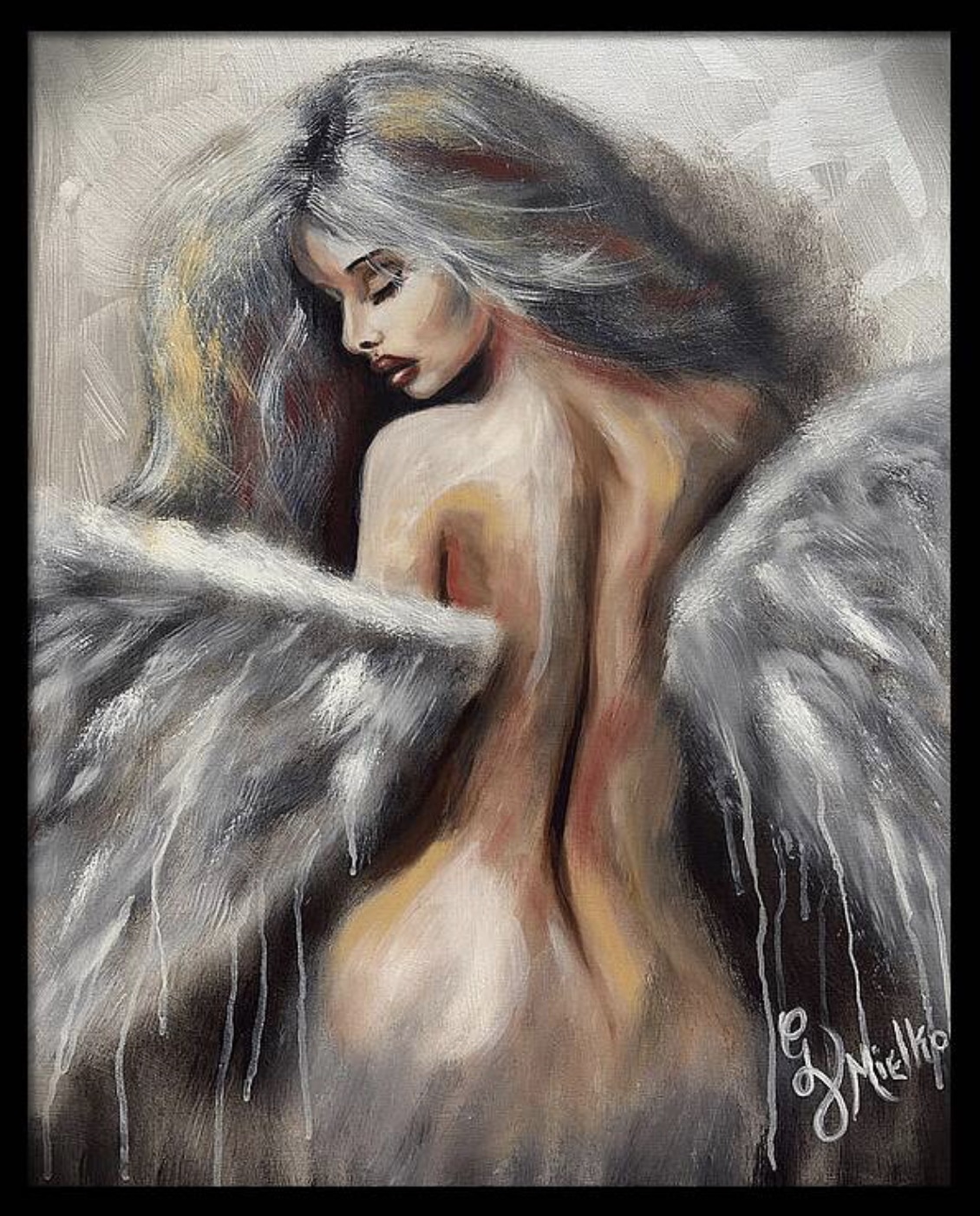 Painting of a winged female angel figure viewed from behind, with flowing hair and ethereal gray white wings. Her bare back and shoulders evoke vulnerability and grace. The soft, feathery brushstrokes and muted abstract background suggest themes of transcendence, serenity, and spiritual awakening. Signed “GV Mielko.”this contemporary figurative artwork appeals to collectors of angel art, sensual spiritual portraiture, and expressive mixed-media paintings. Ideal for curators seeking emotionally charged, narrative-driven works that explore transcendence and vulnerability through modern symbolism.