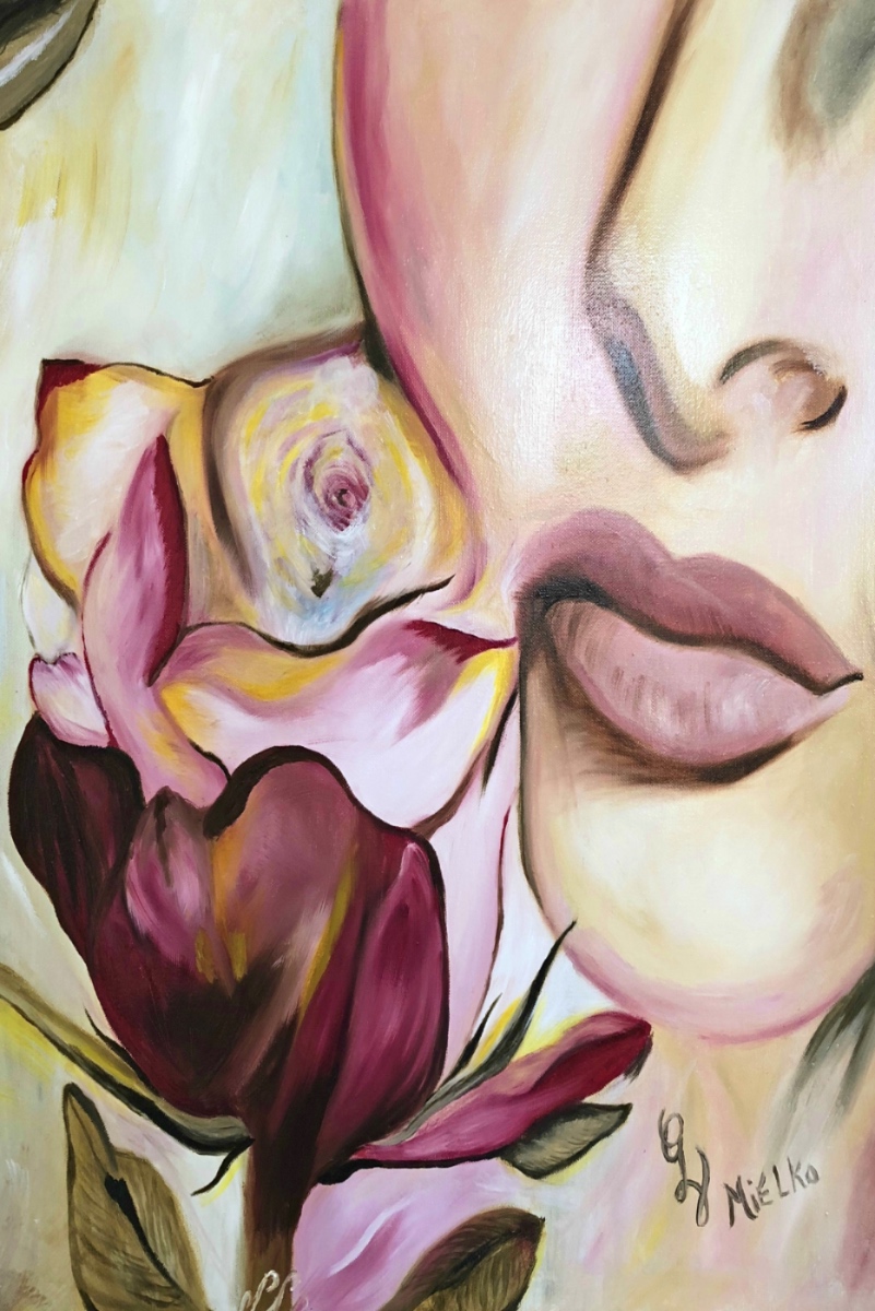 Abstract floral portrait painting featuring a close-up of a woman’s lips, cheek, and nose surrounded by large stylized rose in pink, red, and cream. Expressive brushstrokes and soft blending create a surreal, emotive composition that merges feminine beauty with botanical symbolism. This contemporary artwork evokes themes of longing, sensuality, and emotional depth. Signed “GV Mielko,” it appeals to collectors of modern floral art, romantic portraiture, and expressionism.