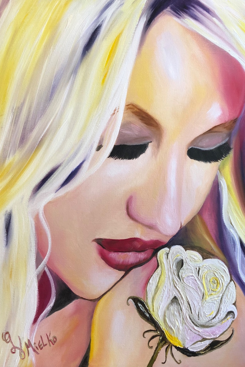 Dreamlike painting of a contemplative female figure with long hair, closed eyes, dark eye makeup, and red lips, holding a detailed white rose close to her face. Soft blended colors and textured petals evoke themes of memory, serenity, and emotional reflection. Signed “GV Mielko”, this contemporary figurative artwork appeals to collectors of symbolic portraiture, emotionally resonant mixed-media, and feminine introspection. Ideal for curators seeking narrative-driven works that explore remembrance, grace, and the quiet strength of presence through vibrant visual storytelling.