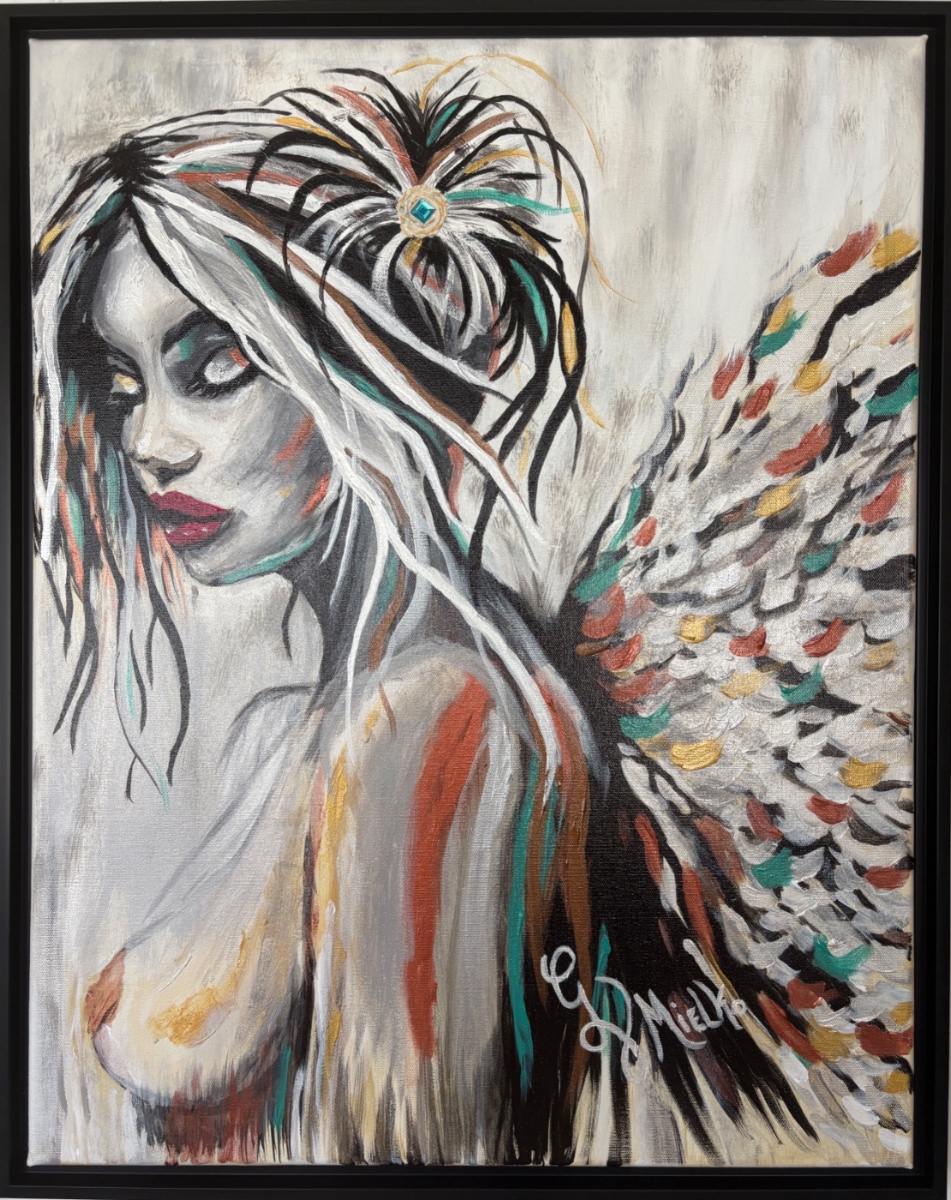 Surreal painting of a winged female figure with long flowing hair in white, black, and brown, gathered in a messy bun adorned with a jeweled hairpiece featuring a gem. Her expressive eyes and red lips contrast with ethereal skin tones of white, brown, and teal. Large multicolored wings in white, gold, teal, red, and brown evoke movement and fantasy. Muted gray-white background enhances the vibrant figure. Signed “GV Mielko.” This contemporary figurative artwork appeals to collectors of fantasy-inspired portraiture, angelic symbolism, and emotionally resonant mixed-media art. Ideal for curators seeking vibrant, narrative-driven works that explore feminine divinity, transformation, and mythic identity through expressive visual storytelling.