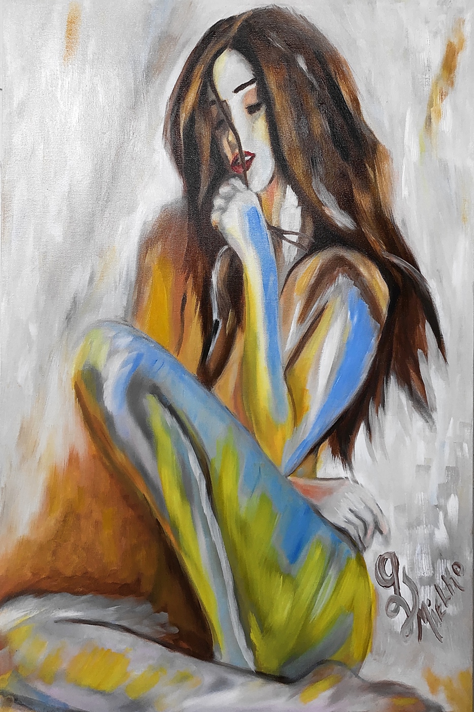 Expressive figurative painting of a contemplative woman with long brown hair, seated with head tilted and hand near her mouth. Her abstract body is rendered in stylized strokes of yellow, blue, and white, contrasted against a warm toned background of white, brown, and orange. This modern artwork evokes themes of introspection, emotional vulnerability, and feminine strength. Signed “GV Mielko,” it appeals to collectors of contemporary figurative art, abstract portraiture, and emotionally resonant paintings.