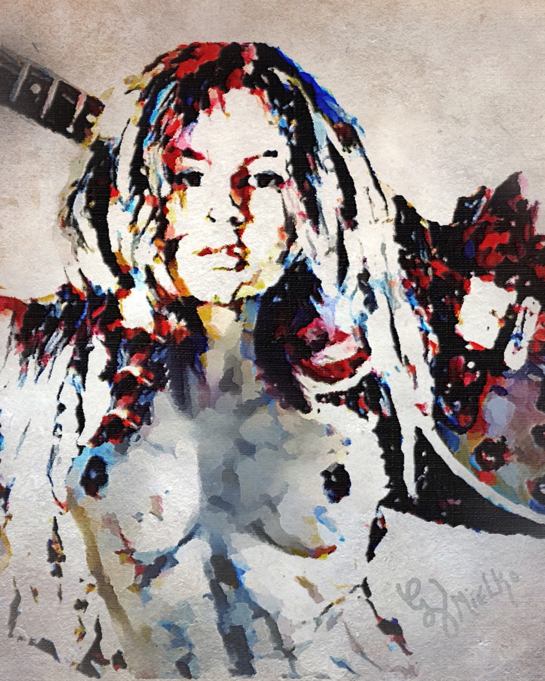 Abstract figurative painting of a semi-nude woman with long flowing hair, holding a guitar in a vibrant, expressive composition. Bold brushstrokes and textured color blending create dynamic movement and emotional intensity. The artwork merges sensuality, musicality, and modern abstraction, evoking themes of artistic freedom and feminine power. Signed “GV Mielko,” this piece appeals to collectors of music-inspired art, contemporary nude paintings, and expressive works.