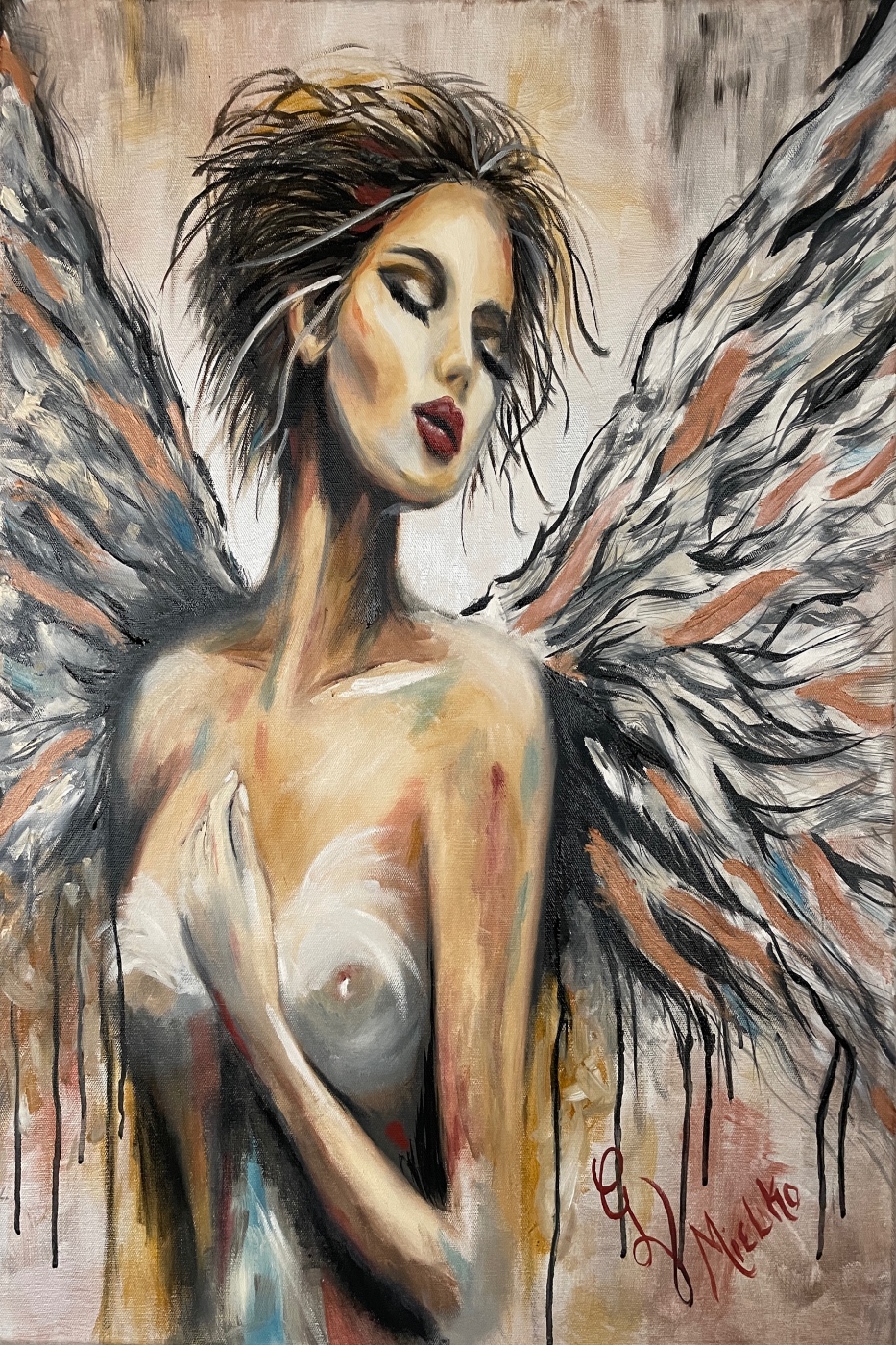 Contemporary figurative painting of a nude female angel figure with large abstract wings in black, white, and orange tones. The woman’s head is tilted, eyes closed, and lips painted red, conveying serenity and introspection. White brushstrokes partially veil the chest, adding layers of vulnerability and grace. Set against a neutral toned background, the artwork blends movement, emotion, and spiritual symbolism. Signed “GV Mielko” this piece appeals to collectors of angel art, expressive nude paintings, and modern spiritual portraiture.