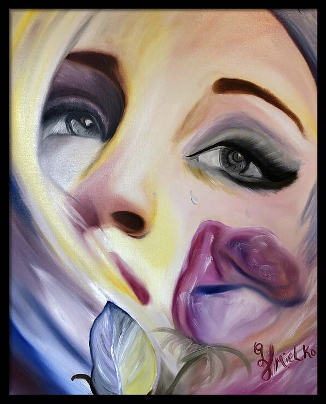 Surreal painting of a woman with large, expressive eyes, shedding a tear and leaning into a rose. The composition merges figurative, emotion and floral elements, evoking themes of sorrow, fragility, and emotional depth. Soft pastels and darker tones create a dreamlike, introspective mood. Signed “GV Mielko.” this contemporary mixed-media artwork appeals to collectors of emotional abstraction, modern portraiture, and psychologically resonant art. Ideal for curators seeking bold, introspective pieces that explore fragility, transformation, and the human condition through expressive visual language.