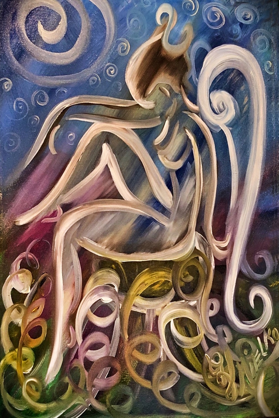 Abstract figurative painting of a seated woman or fairy in a dreamlike environment, surrounded by swirling patterns and celestial motifs in shades of blue, purple, and green. The stylized figure rests contemplatively on suggested grass, with one hand near her face and flowing lines suggesting movement and emotion. This expressive artwork blends fantasy, introspection, and surreal design, appealing to collectors of abstract female portraits, visionary art, and modern emotional expressionism. Signed “GV Mielko.”