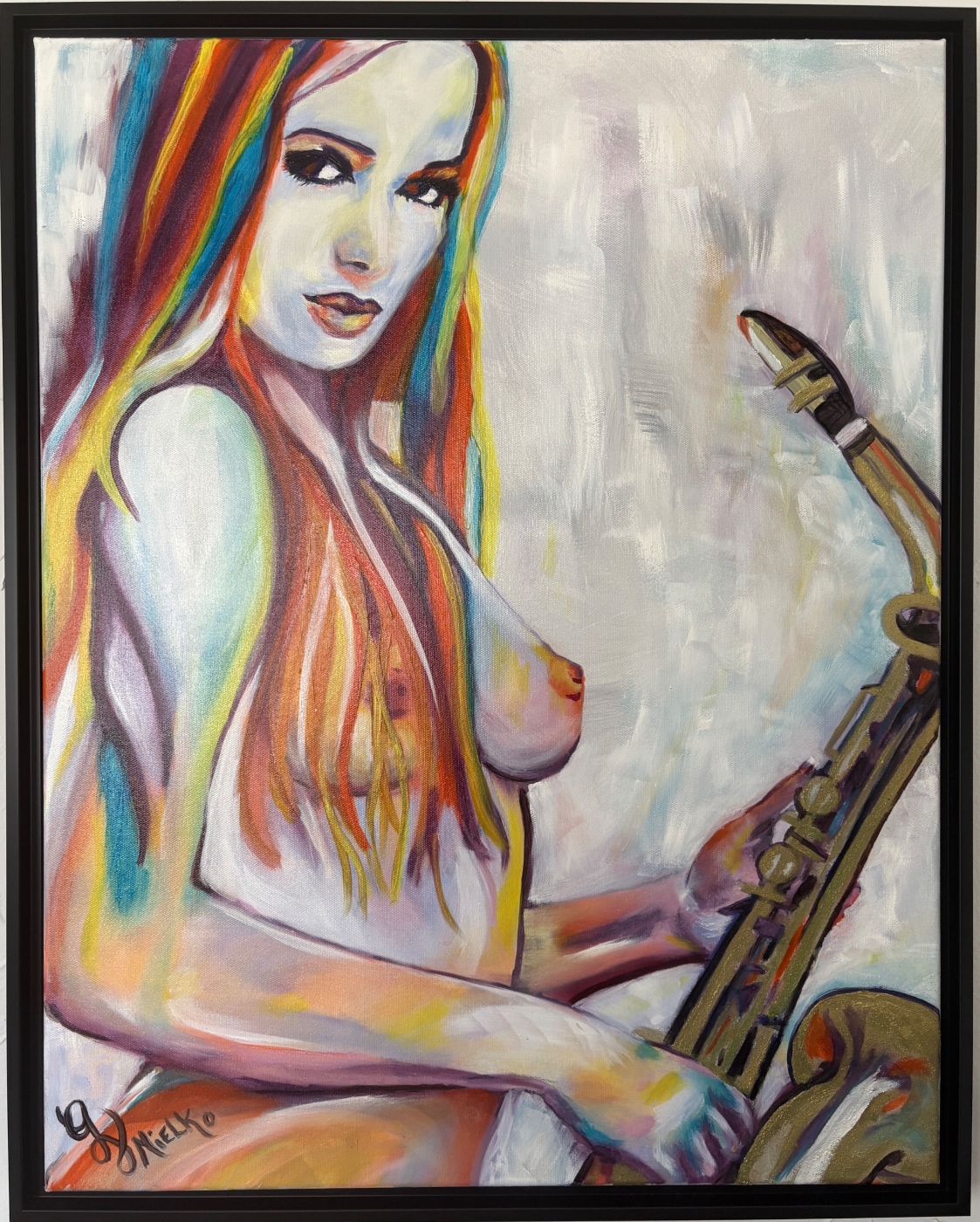Vibrant painting of a stylized woman holding a saxophone, with bold colors including red, orange, blue, and purple accenting her hair, skin, and instrument. She gazes directly at the viewer, exuding confidence and musical energy. The muted white-gray background contrasts with her vivid presence. Signed “GV Mielko.” This artwork appeals to collectors of music-inspired art, sensual abstraction, and expressive figurative pieces. Ideal for curators seeking emotionally charged, rhythm-infused works that explore the intersection of body, sound, and spirit through modern symbolism.