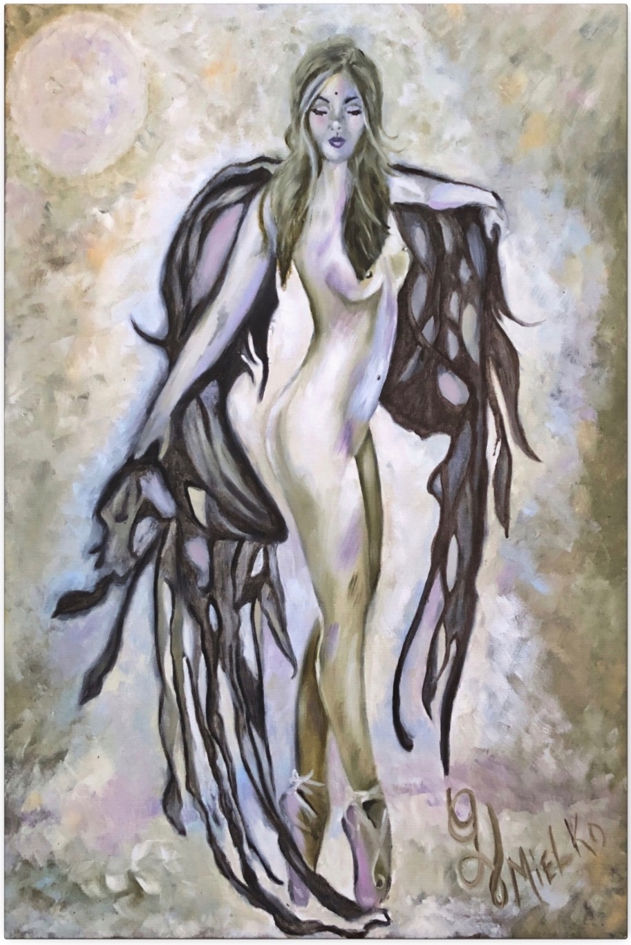 Surreal figurative painting of a nude female dancer with long flowing hair and pointe shoes, standing gracefully with arms extended. Dark, wing-like structures resembling tattered fabric emerge from her arms, evoking themes of transformation, vulnerability, and resilience. Set against a muted abstract background in soft purples, grays, and beige, with a celestial orb in the corner, the artwork blends fantasy, ballet, and emotional symbolism. Signed “GV Mielko,” this piece appeals to collectors of ethereal dance art, contemporary surrealism, and expressive female portraiture.